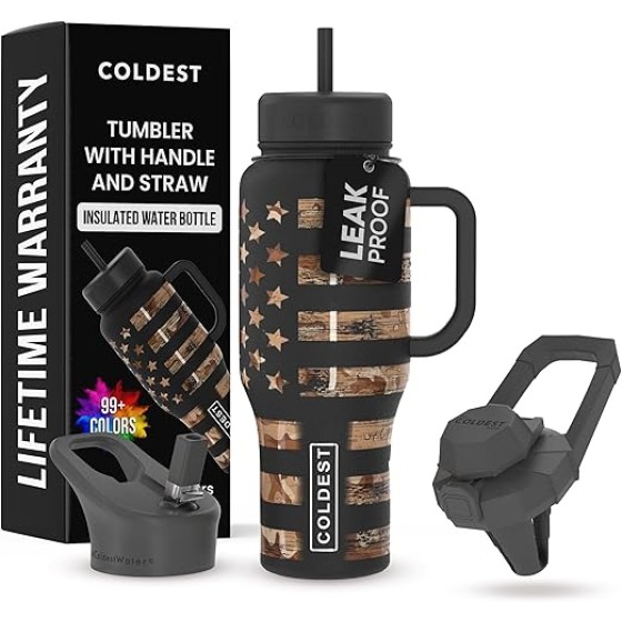 Coldest Tumbler with Handle and Straw, 100% Leak Proof Insulated Tumbler with Lid and Straw (3 Lids), Stainless Steel Tumblers for Women & Men, Cup Holder Friendly, 36 oz (Camouflage Flag)