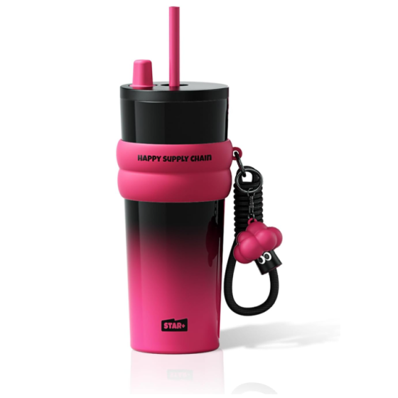 24 oz Stainless Steel Tumbler with Lid and Straw, Insulated Water Bottle Leak Proof for Hot and Cold, Portable Travel Coffee Mug, Reusable Coffee Cup for Women, Black&Pink