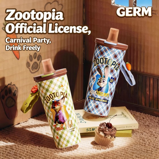 550ML格纹疯狂动物城联名朱迪尼克保温杯带吸管水杯