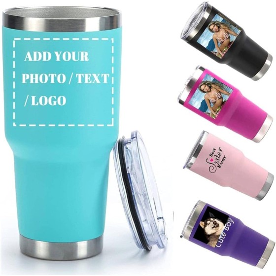 个性化照片20盎司/30盎司不锈钢杯，定制咖啡杯带盖吸管，真空保温，可刻文字照片徽标（个性化定制）