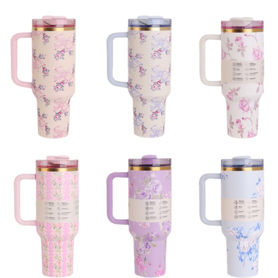 40oz Floral Series Travel Mug with Lid and Handle Summer Stainless Steel Travel Cup Unisex Birthday Gift Birthday Lover Gifts for Women Men (1PCS)