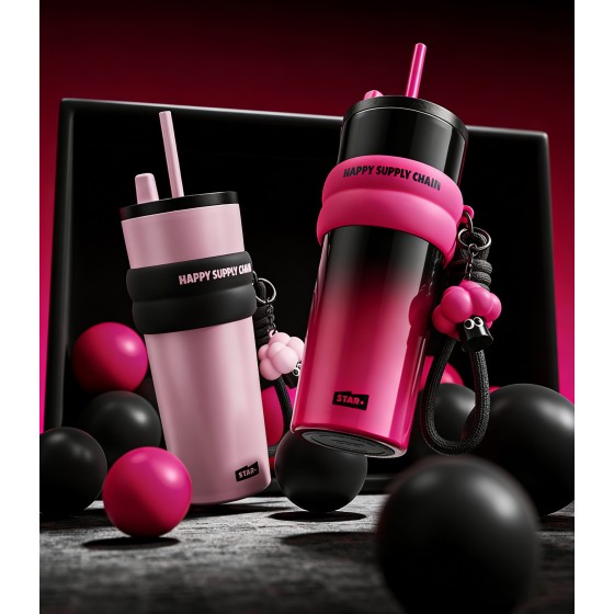 24盎司不锈钢杯带盖吸管，保温防漏冷热两用，便携旅行咖啡杯，女性可重复使用咖啡杯，黑色&粉色