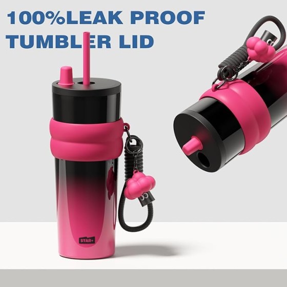 24 oz Stainless Steel Tumbler with Lid and Straw, Insulated Water Bottle Leak Proof for Hot and Cold, Portable Travel Coffee Mug, Reusable Coffee Cup for Women, Black&Pink